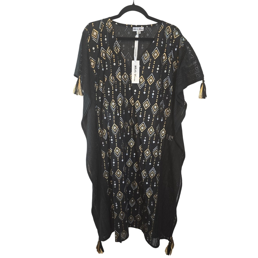 White Waves Black Gold Geometric Diamond Kaftan Swim Cover Up Tassels OS NEW
